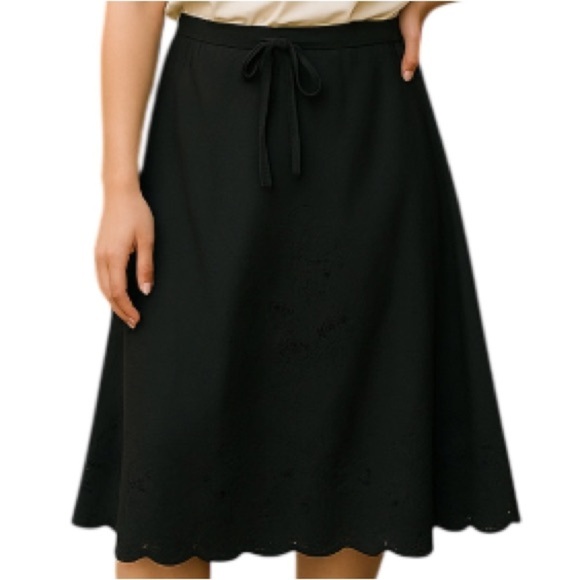 MALCOLM & CO Linen Blend Midi Skirt Black Floral Eyelet Scallop Edge Coastal 8 - Picture 1 of 11